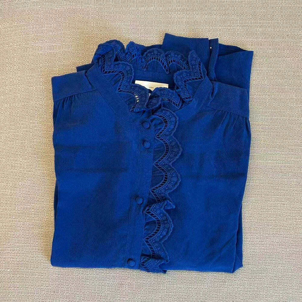 Sezane Chlo Silk Shirt Blouse FR36/US4 Electric Blue French Top Classic Causal - Picture 4 of 10
